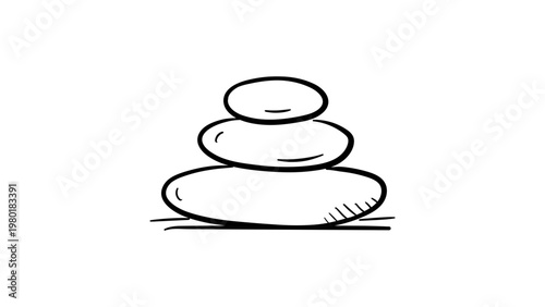 Zen stones stacked in a minimalist black line vector icon. Hand-drawn outline illustration of balancing pebbles for spa, wellness, meditation, and yoga concepts on white background.