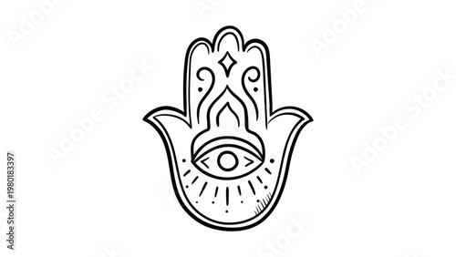 Minimalist black line vector icon of a Hamsa hand with an evil eye symbol, hand-drawn outline illustration for protection, luck, and spiritual themes, scalable SVG graphic on white background.