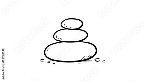 Minimalist Zen Stones Vector Icon Illustration: A Hand-Drawn Black Line Art Design of Stacked Balancing Rocks on a White Background, Perfect for Wellness, Spa, Meditation, and Mindfulness Branding.