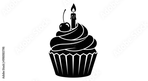 Cuadro en lienzo Black cupcake with a lit candle and cherry a striking silhouette