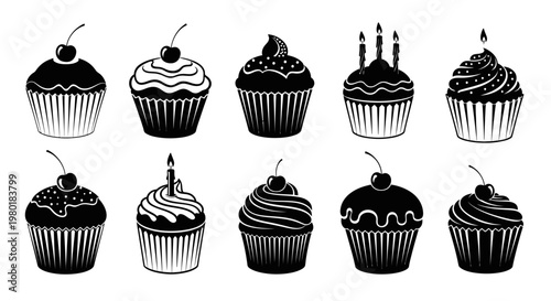 Black and white cupcake collection with varied frosting a striking silhouette