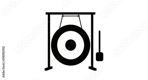 A striking gong and mallet illustration in stark black silhouette