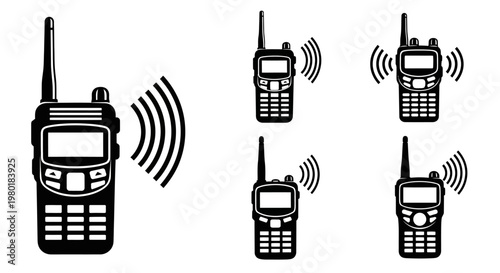 Black and white depictions of walkie talkies in various states silhouette
