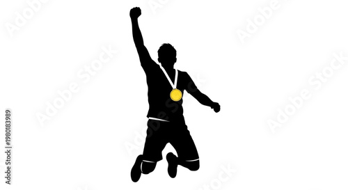 A jubilant athlete celebrates a victory with arms raised silhouette