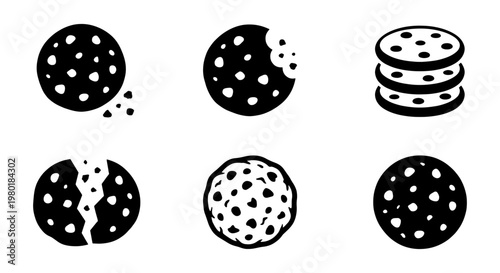 Chocolate chip cookie icon set, black and white sweet biscuit vector illustrations, 6 minimalist snack symbols for bakery branding and web design