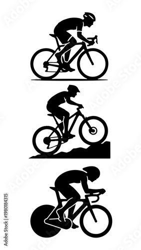 Cyclist silhouette vector set, professional road bike racer and mountain biker icons, triathlon athlete and cycling competition graphics
