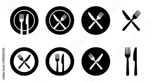 Restaurant cutlery icon set with fork and knife, black dining symbols for cafe and bistro signage, 8 vector elements for food service menus
