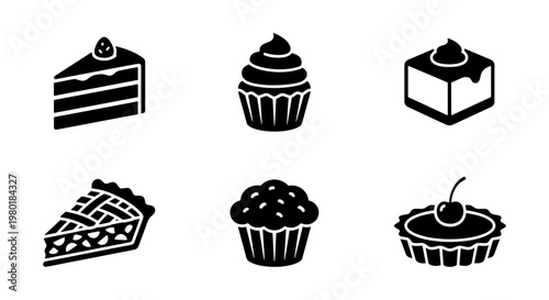 Minimalist bakery icons set, black silhouette dessert symbols, collection of 6 cake and pastry vector illustrations for cafe menus and web design