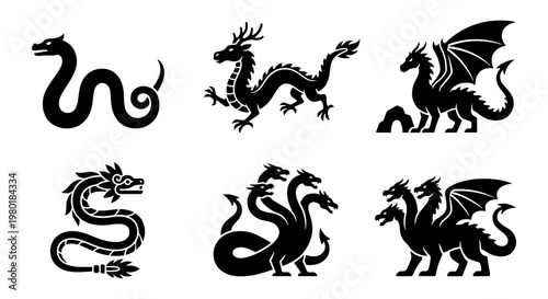 Mythical dragon silhouettes set, 6 black fantasy creature icons, ancient hydra and wyvern vector illustrations, legendary monster graphic elements
