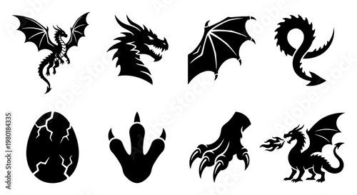 Mythical dragon silhouette icons, 8 fantasy creature design elements, black dragon head and wing vector set, fire breathing monster and dragon egg graphics