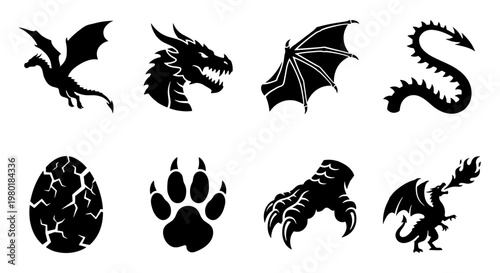 Dragon silhouette icons set, mythical creature elements including egg and claw, black fantasy monster vector graphics for gaming and logos