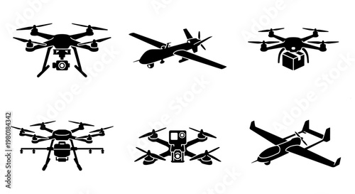 Unmanned aerial vehicle icons set, 6 drone vector silhouettes, black quadcopter and military uav collection for logistics and surveillance