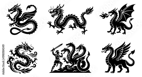 Mythical dragon silhouettes collection, black fantasy creature icons, set of 6 vector illustrations featuring hydra and fire breathing dragons