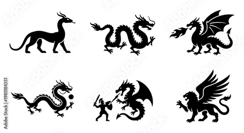 Mythical dragon silhouettes collection, 6 black vector icons of fantasy creatures, medieval heraldic monsters and fire breathing beasts