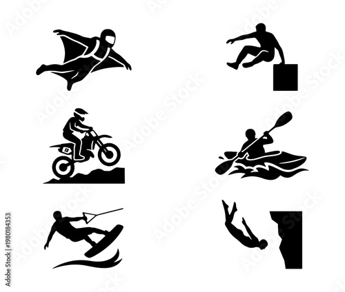 Extreme sports silhouette icons set, 6 black vector elements of outdoor adventure activities, parkour and motocross graphics for sports branding
