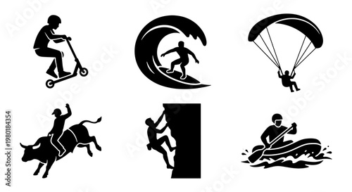 Extreme sports silhouette icons set, active lifestyle adventure symbols, 6 black vector elements for surfing, climbing, paragliding and rafting