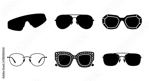 Modern sunglasses silhouette collection, set of 6 stylish eyewear icons, fashion glasses vector illustrations for summer and lifestyle design