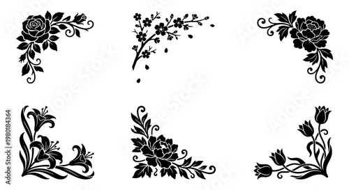 Photos Vintage floral corner borders, black silhouette flower frame elements, set of 6