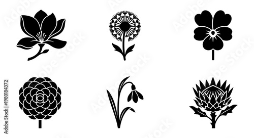 Minimalist black floral icons set, botanical flower silhouettes collection, 6 vector garden plant symbols for logo design and branding