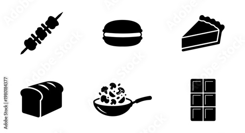 Minimalist food icon set, black solid vector food symbols including bread and chocolate, 6 culinary elements for restaurant menu design