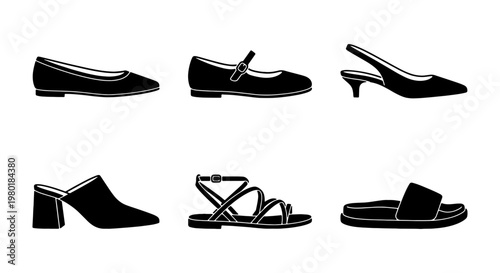 Minimalist black footwear icons set, collection of 6 women's shoe vector silhouettes, elegant fashion footwear for retail and web design