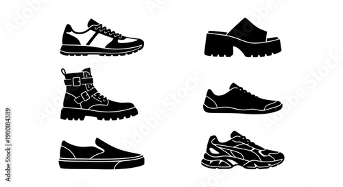 Black footwear icons set, 6 vector shoe silhouettes including sneakers and boots, casual and athletic footwear collection for fashion design