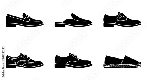 Classic men's footwear collection, set of 6 black silhouette shoe icons, formal leather dress shoes and casual loafers vector illustrations