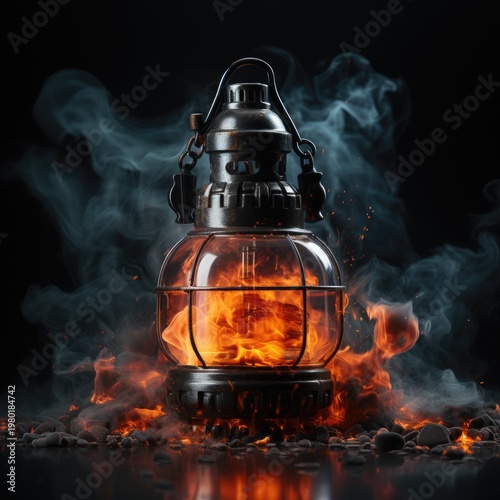 Kerosene lamp with flame. Burning flame in a kerosene lamp.