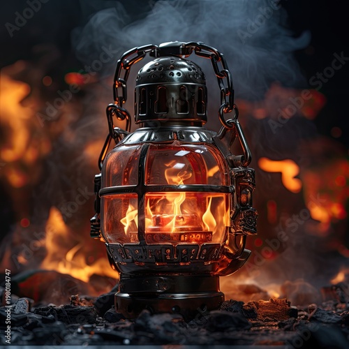 Kerosene lamp with flame. Burning flame in a kerosene lamp.