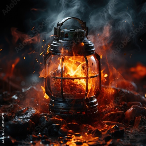 Kerosene lamp with flame. Burning flame in a kerosene lamp.
