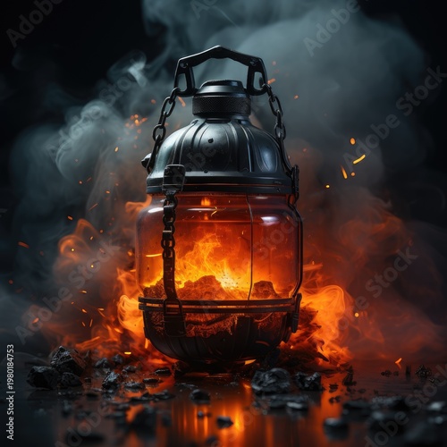 Kerosene lamp with flame. Burning flame in a kerosene lamp.