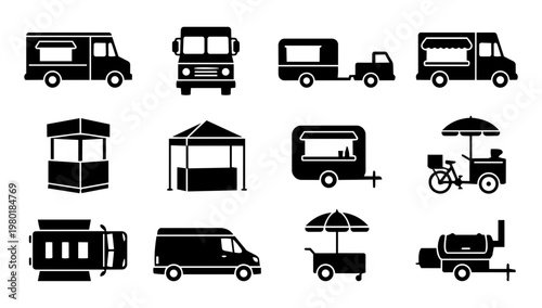 Food Truck and Mobile Kitchen Silhouette Set, Catering Van Food Cart Market Stall Icons, Street Food Business Vector Collection