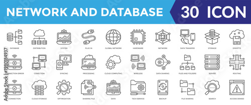 Waste management icon collection set. Containing Database, Distribution, System, Network, Data Transfer, Storage, Syncing, Connection, Optimization