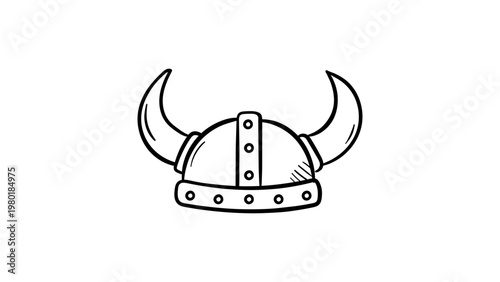 Minimalist black line vector icon of a Viking helmet with horns, hand-drawn outline illustration on a white background, scalable graphic for history, warrior, Norse mythology, and Nordic themes.