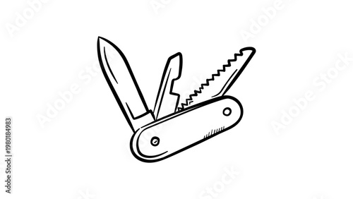 Swiss Army knife vector icon illustration, minimalist black line art of a multi-tool with blade, saw, and bottle opener, hand-drawn outline style on white background for camping and survival.