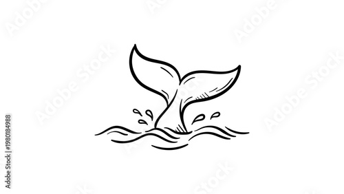 Minimalist hand-drawn black line vector illustration of a whale tail fluke splashing in ocean waves, clean scalable outline icon for marine life, sea conservation, and nautical design projects.