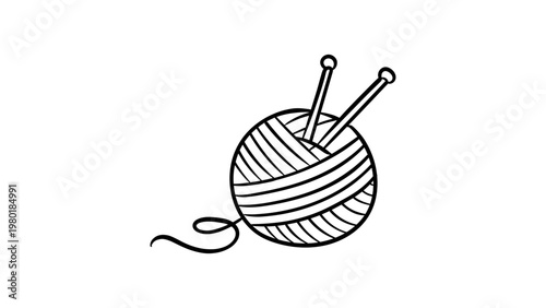 Minimalist black line vector icon of a ball of yarn with two knitting needles, hand-drawn outline illustration for craft, hobby, and textile design, isolated on a white background.