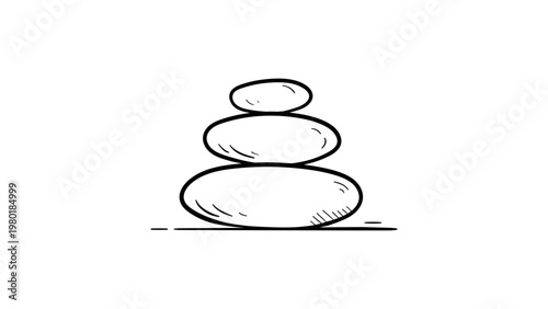 Minimalist black line vector icon illustration of stacked zen stones. Hand-drawn outline representing balance, meditation, and wellness. Scalable graphic for spa and mindfulness concepts.