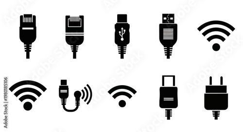 Black connector icons and wireless signals displayed as a silhouette