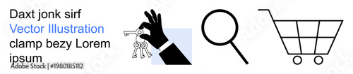 Ownership, e-commerce, search, retail, property, investigation. Black hand holding keys, magnifying glass and shopping cart symbol. Ownership and e-commerce concept highlighting search and commerce