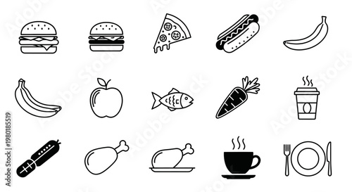 Assortment of line art food icons burger pizza hotdog banana and more