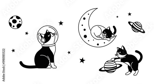 Astronaut cat and space feline illustration set on white background