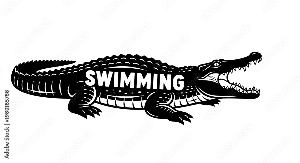 Fototapeta premium A striking black and white illustration of a crocodile with the word swimming emblazoned across its body. The crocodile is depicted in a menacing pose, with its mouth open and sharp teeth bared. 
