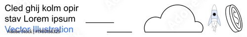 Technology cloud storage, innovation, space exploration, data transfer, online communication, futuristic connectivity. a cloud, rocket and circular element. Technology cloud storage and innovation
