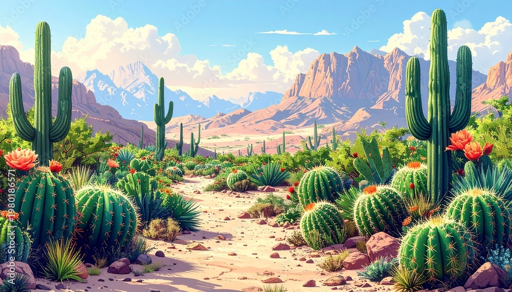 Fototapeta premium A serene desert landscape with cacti, flowers, and mountains under a blue sky with clouds.