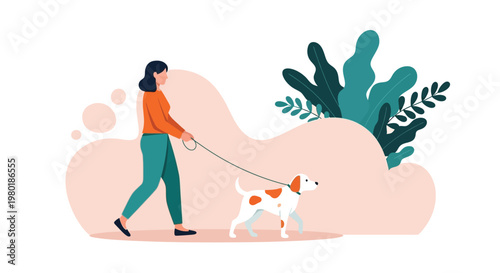Woman walking her dog on a leash in a pleasant outdoor environment illustration