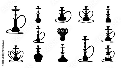 Hookah Shisha Silhouette Set, Water Pipe Icons Collection, Arabic Smoking Lounge Symbols, Hookah Bar Vector Set