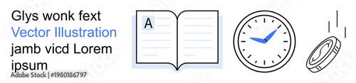 Education, time management, financial planning, knowledge, productivity, success. Open book, clock and falling coin. Education and time management as symbolic elements