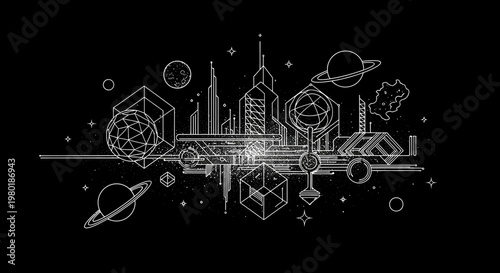 Abstract geometric cityscape illustration with planets and stars on black background
