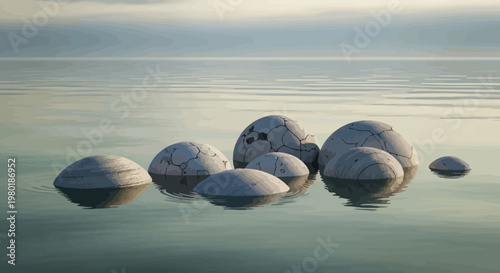 Abstract composition of spherical rock formations floating on calm water